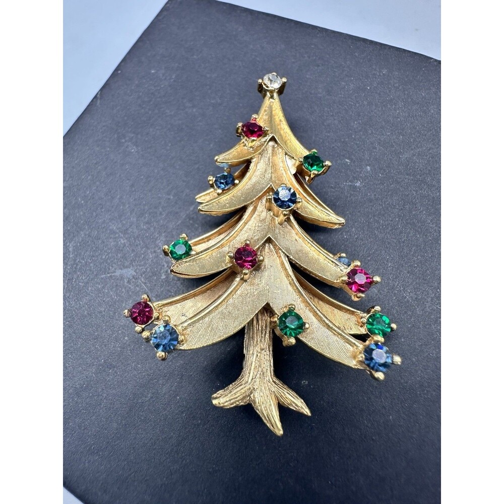 Crown Trifari Vintage Signed Christmas Tree Brooch Pin Multicolor Rhinestones 2”